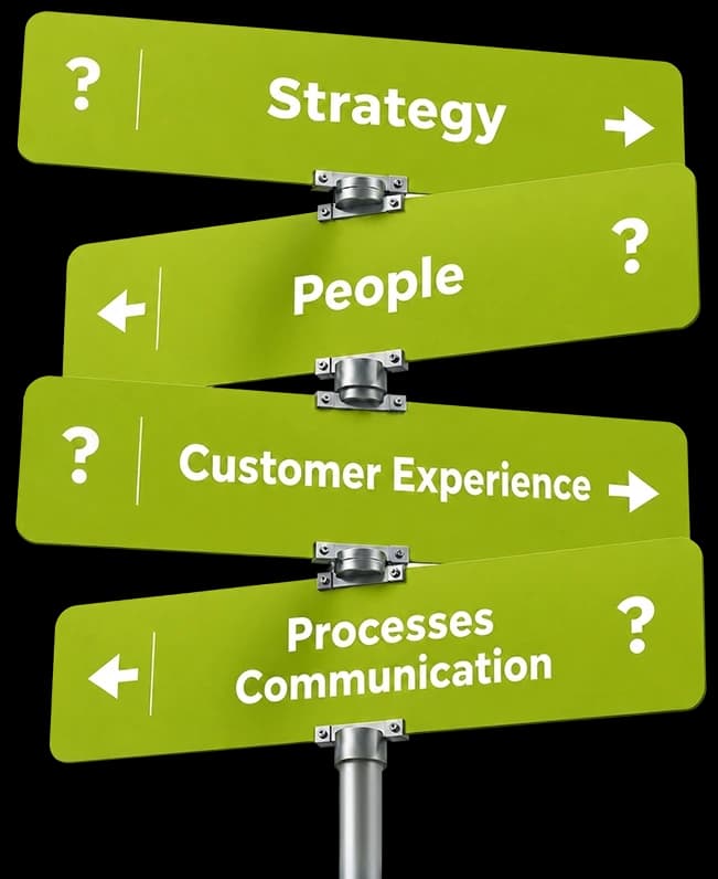A signpost showing strategy, people, customer experience, and processes communication