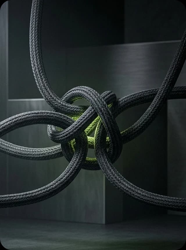 Dark rope knot caught between structural walls